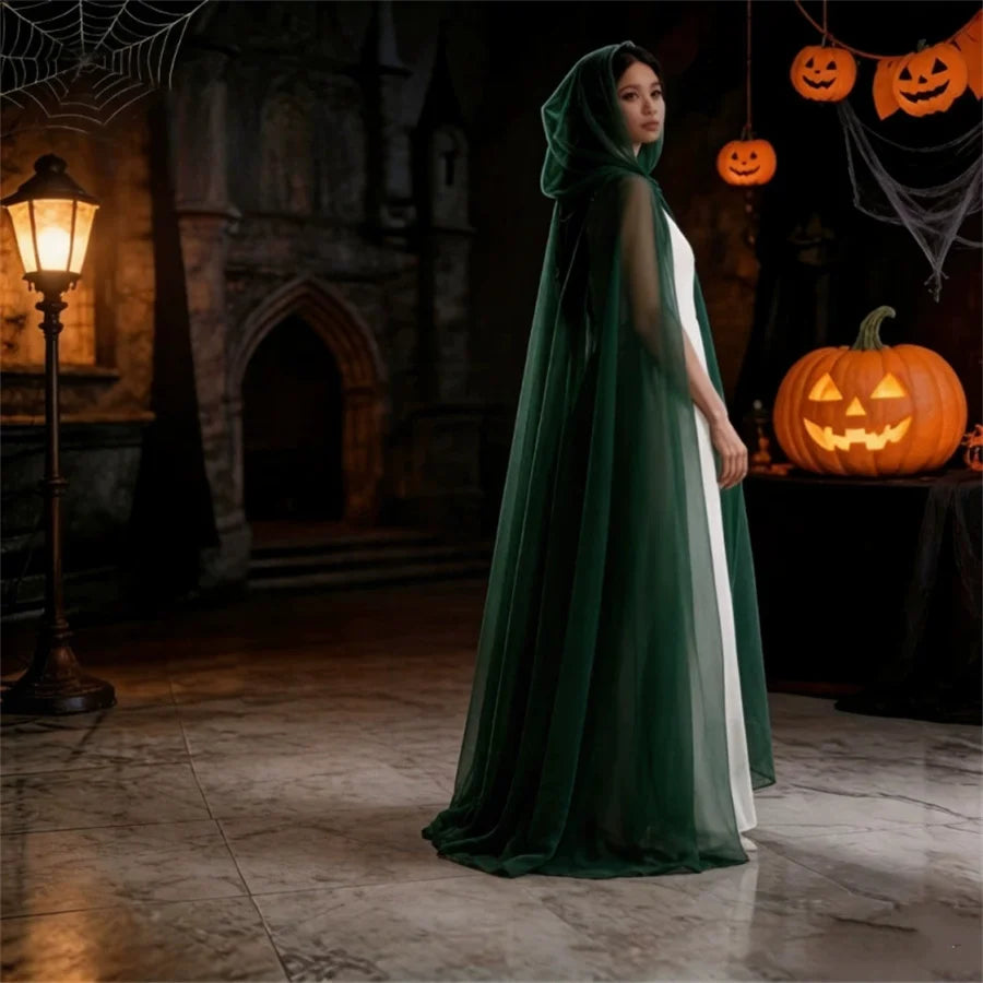 Halloween   cosplay - ghost costume with hooded cloak, death god witch net-like long dress, full-length performance outfit