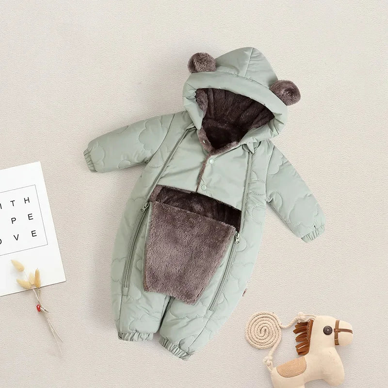 Toddler Baby Girl Boy Jumpsuit Thickened Fleece Lined Double-Layer Hooded Romper 0-2Y Cute Bear Ears Winter Warm Kids Snowsuit