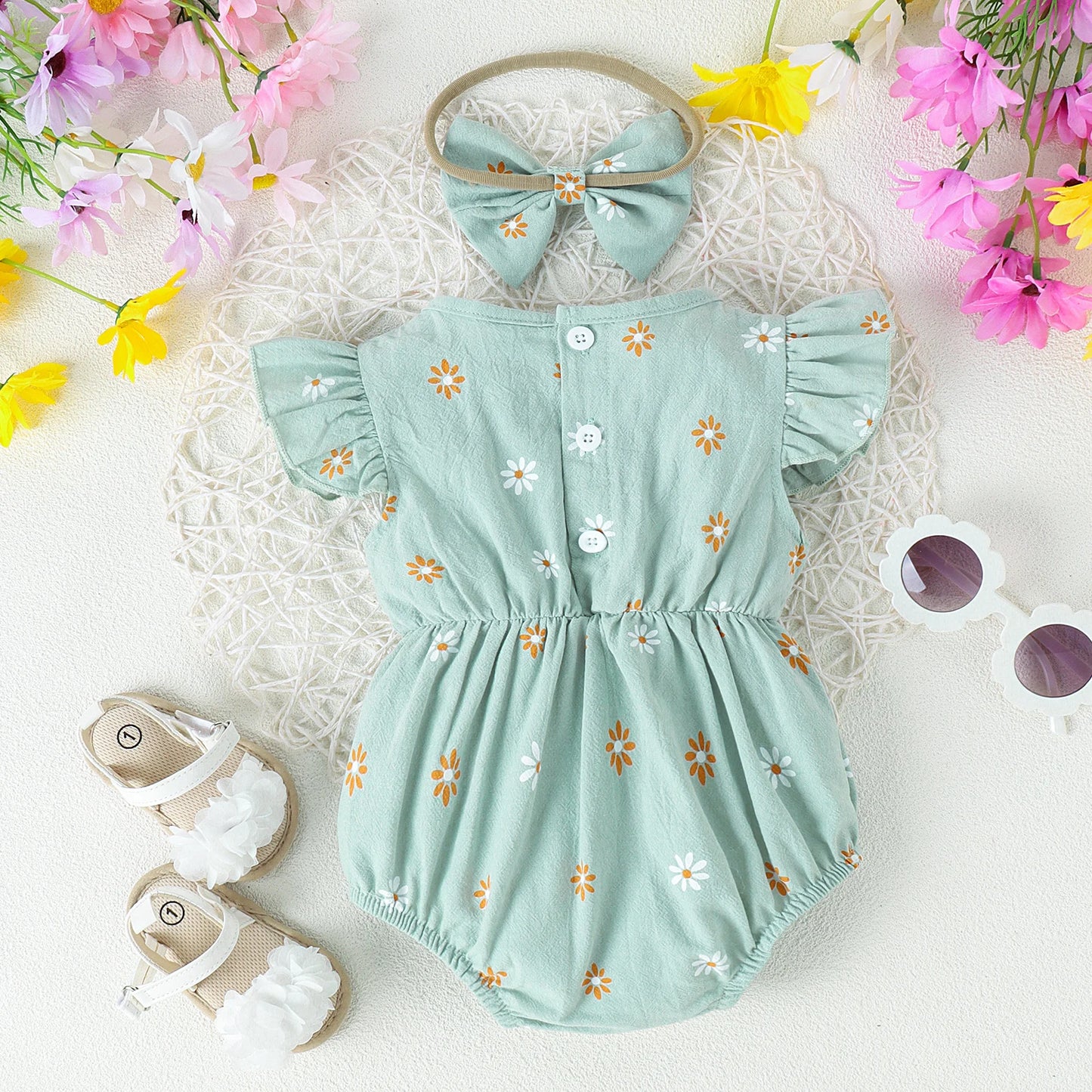 2PCS Summer 0-2 Years Old Comfortable Fashion Cute Baby Girl Multi-Color Printed Flower Jumpsuit + Bow Head Estimate