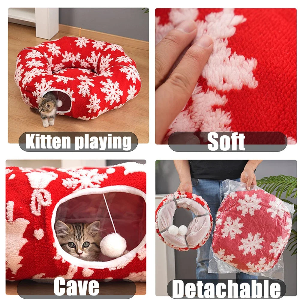 Round Donut Cat Beds Christmas House Soft Plush Pet Mat for Puppy Cushion for Cats To Hide 2 in 1 Tunnel Cats Sleeping Sofa Noel