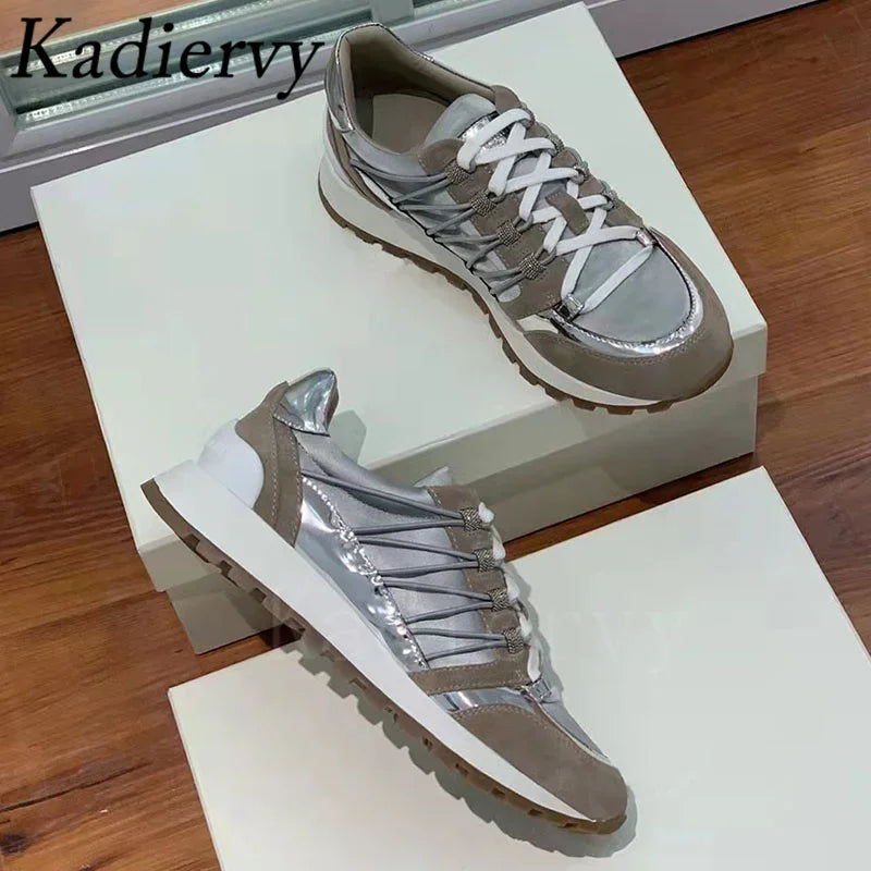 New Casual Shoes Women Suede Patchwork Round Toe Lace Up Genuine Leather Comfy Outdoor Walking Shoes Woman Sneakers Female