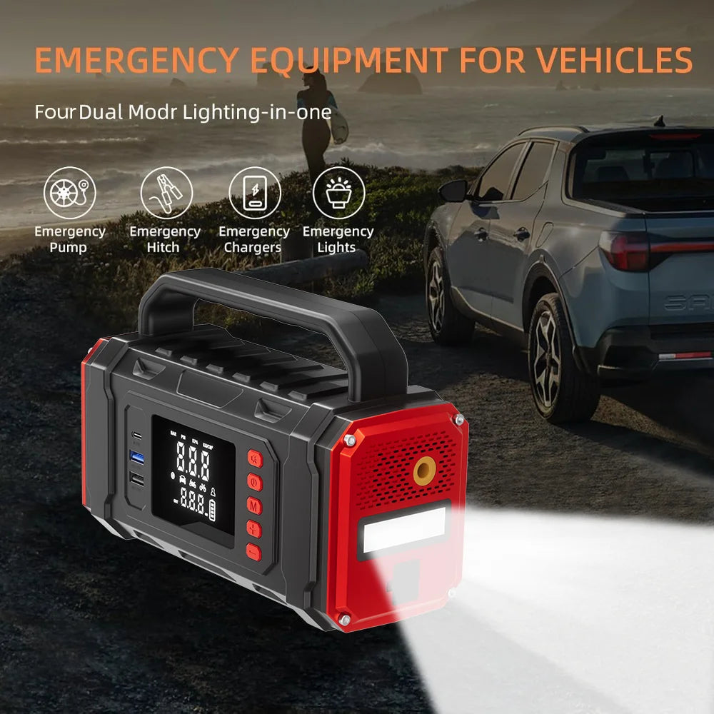 4‑IN‑1 Portable Car Jump Starter with Air Compressor, Tire Inflator, Power Bank with Fast Charging & LED Light for 12V Emergency