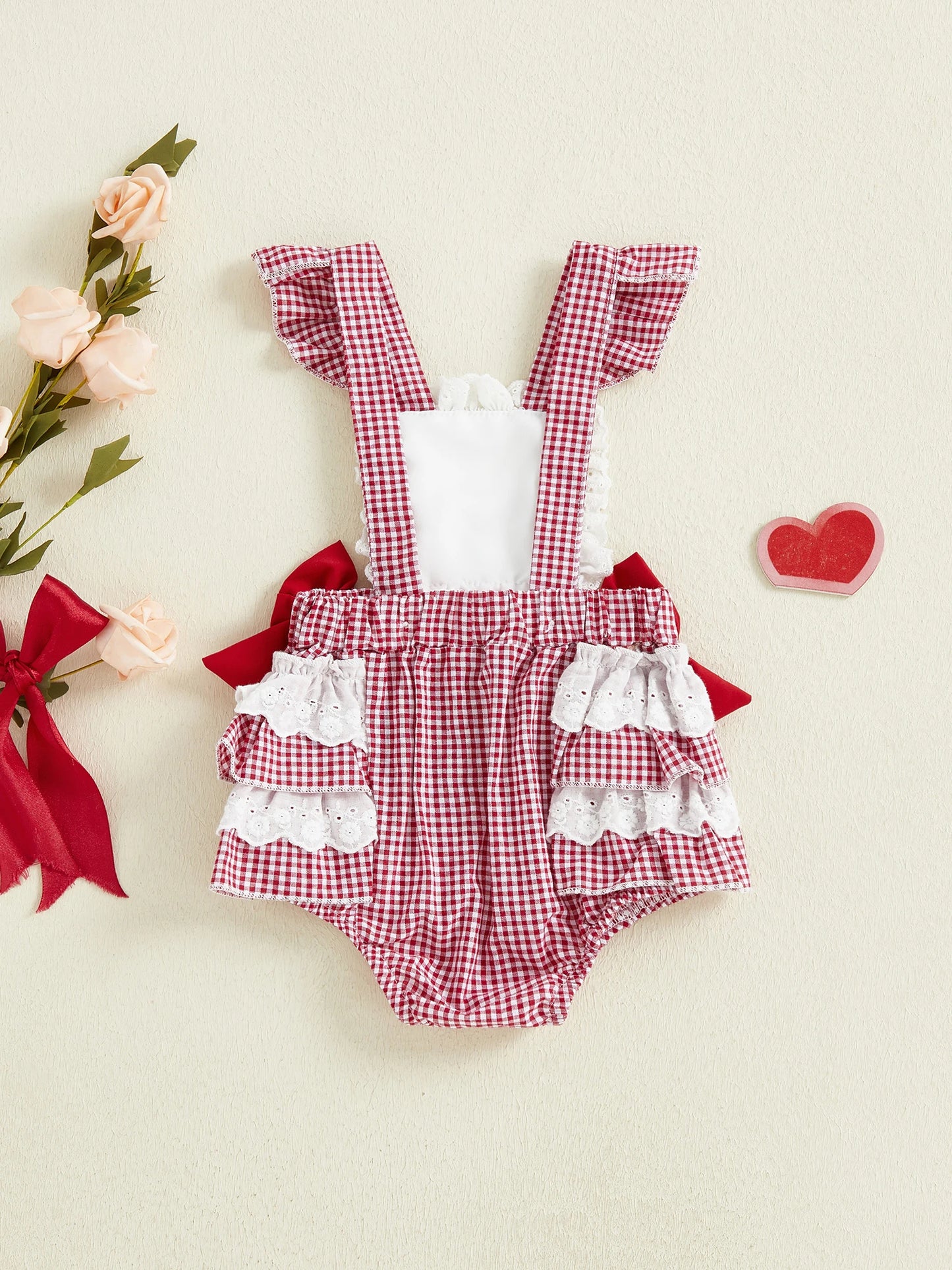 0-18M Valentine's Day Infant Baby Girls Rompers Sleeveless Square Collar Lace Ruffled Letter Embroidery Bow Jumpsuit