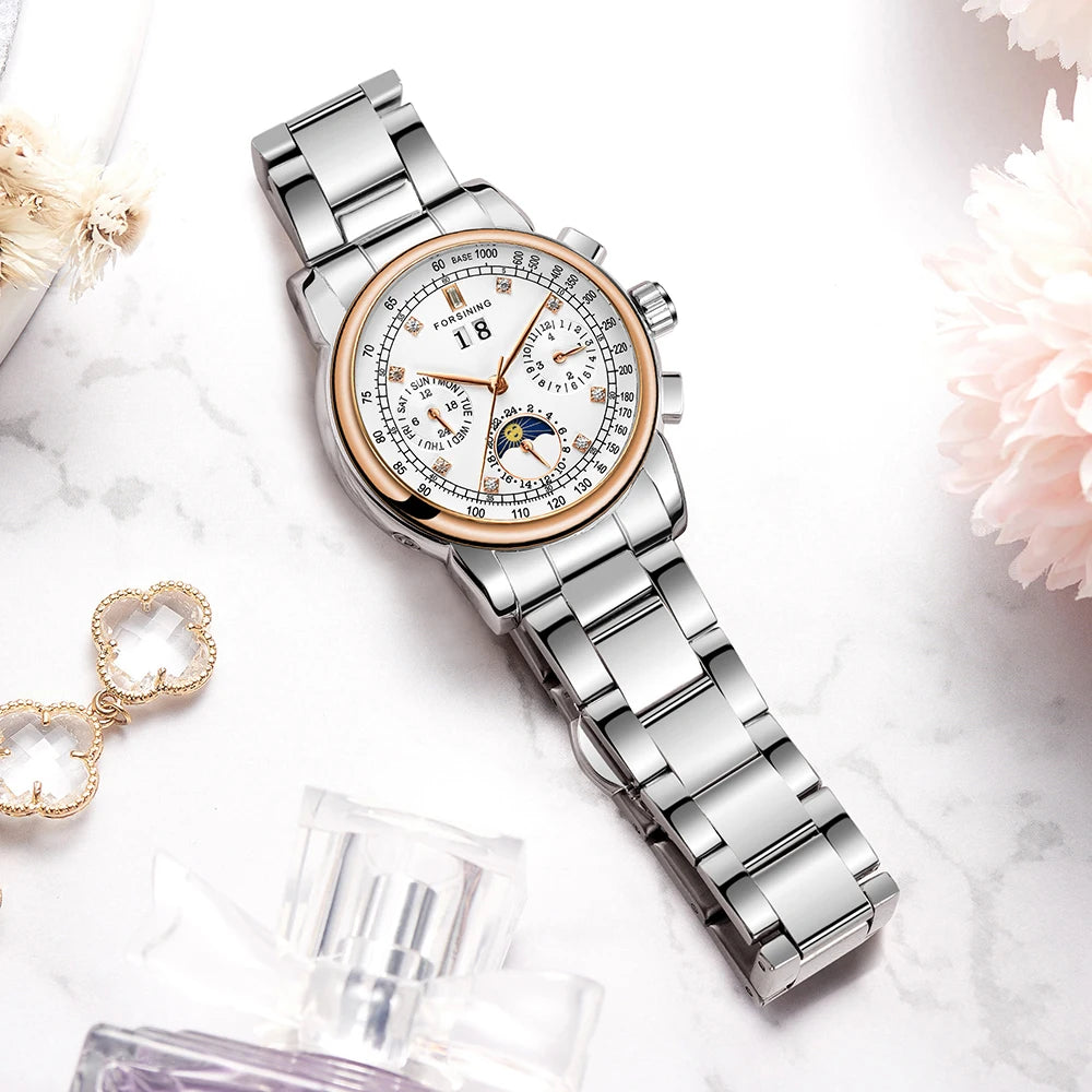 Forsining Fashion Ladies Stainless Steel Case Moon Phase Mechanical Watch Women's Multifunctional Diamond Dial Automatic Clock