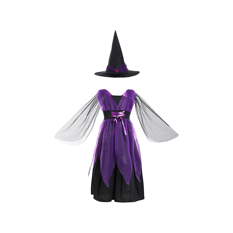 5 Styles Halloween Costume for Kids Girls Purple Bat Dress Halloween Fantasy Vampire Costume with Hat Broom Pumpkin Belt Set