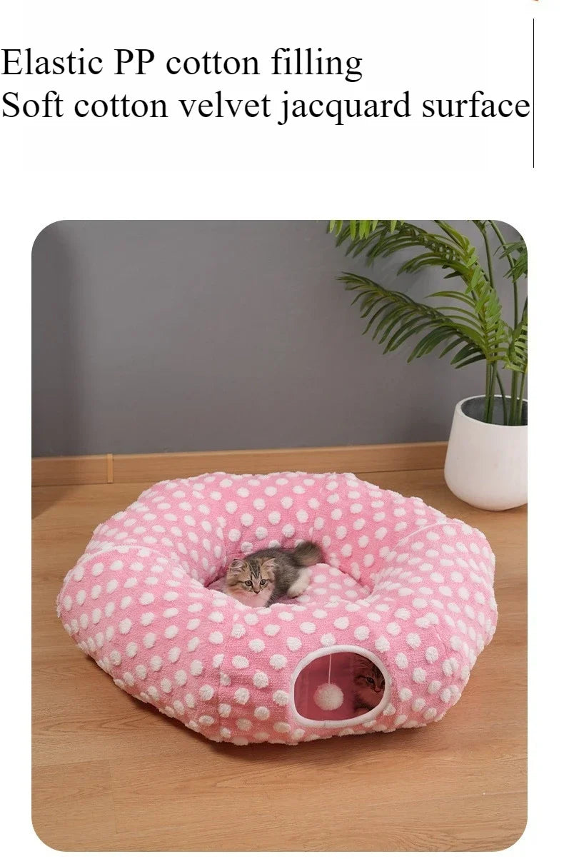 Round Donut Cat Beds Christmas House Soft Plush Pet Mat for Puppy Cushion for Cats To Hide 2 in 1 Tunnel Cats Sleeping Sofa Noel