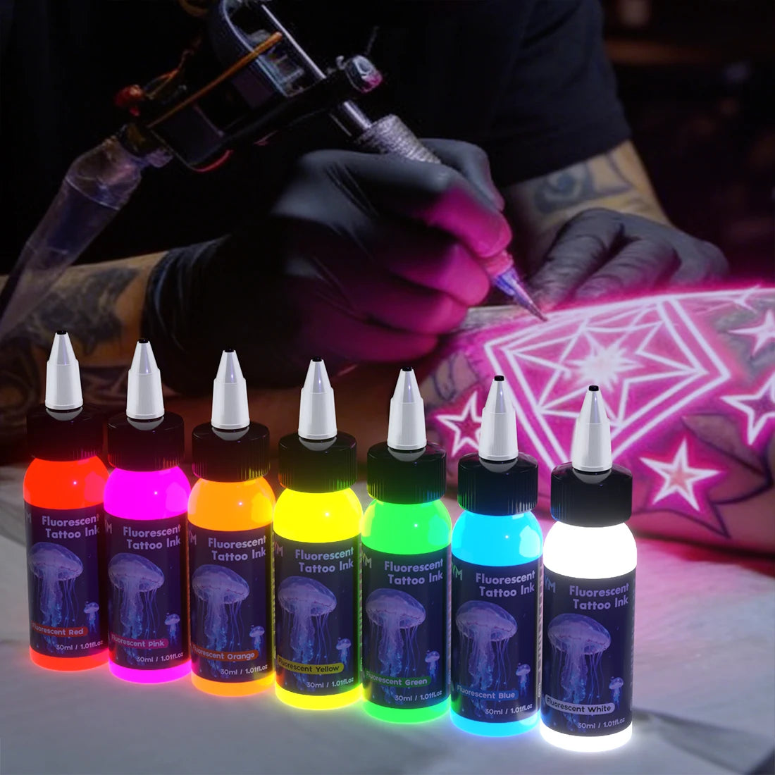 Fluorescent Tattoo Ink 30ml 7 Color Pigment Equipped with Ultraviolet Light Illumination Suitable for Body Art Tattoo Supplies