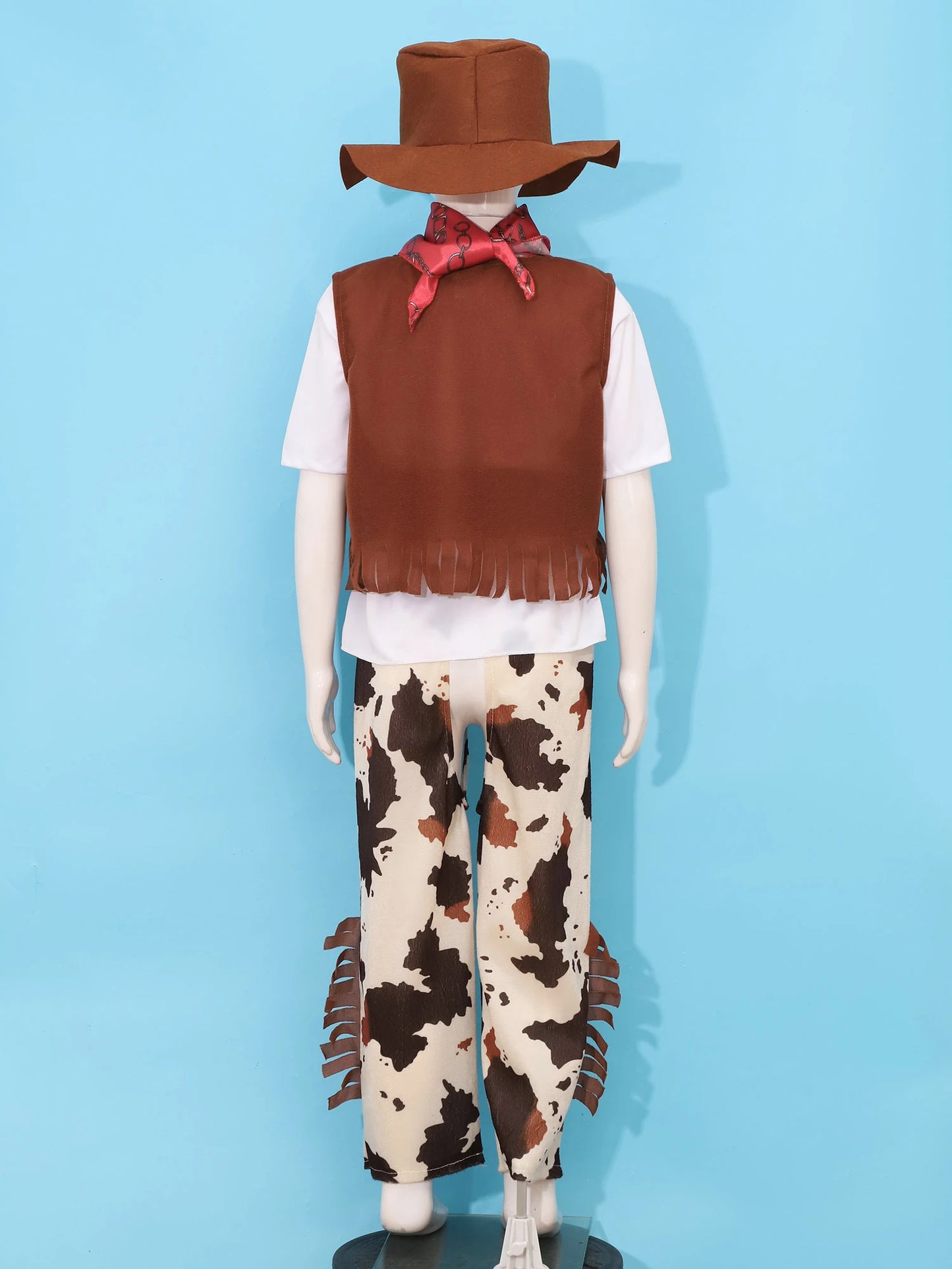 6Pcs Boys Western Cowboy Bandanna Halloween Cosplay Costume Dress Up T-shirt with Pants Vest Hat Bandana And Waistband Set