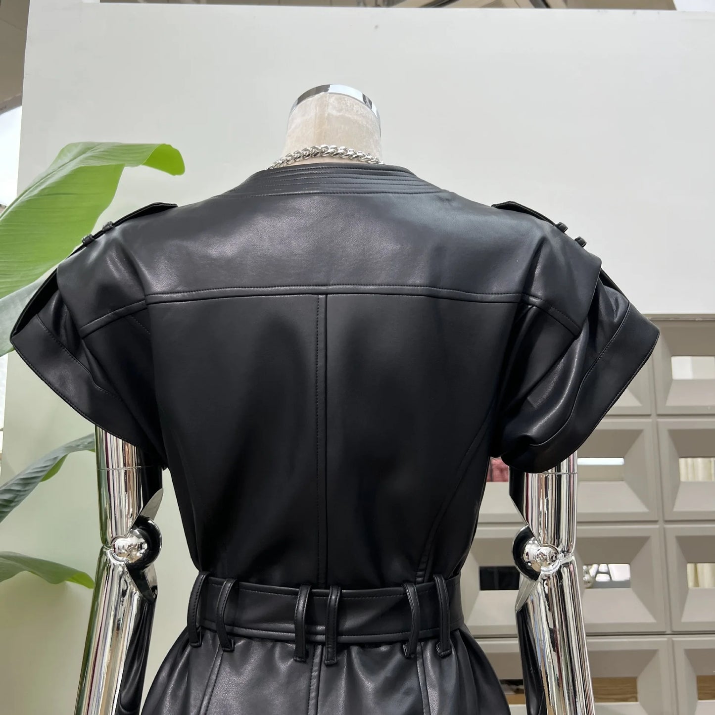 DFDG 2025 Women’s V-Neck Wide Shoulder Overlap Placket Double Breasted PU Leather Bodycon Dress Unique Design Cocktail Dress