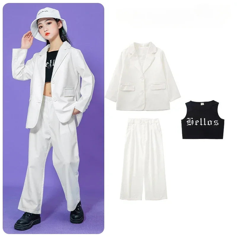 Kids Hip Hop Dance Costume Boys Girls Blazer Pants Set Streetwear Outfit for Stage Performance Competition Jazz Dance Photoshoot