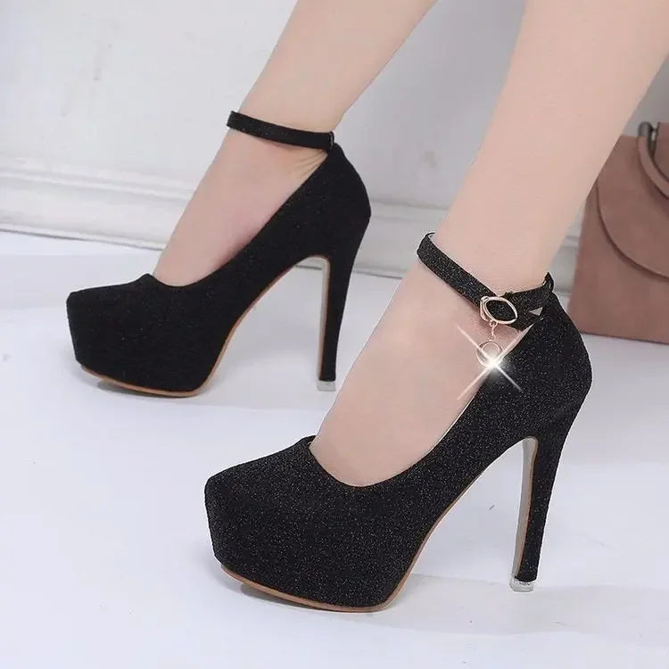 Spring Autumn New Style Waterproof Platform High Heels Thin Heel Silver Large Size Ultra High Heel Single Shoes for Women Show A