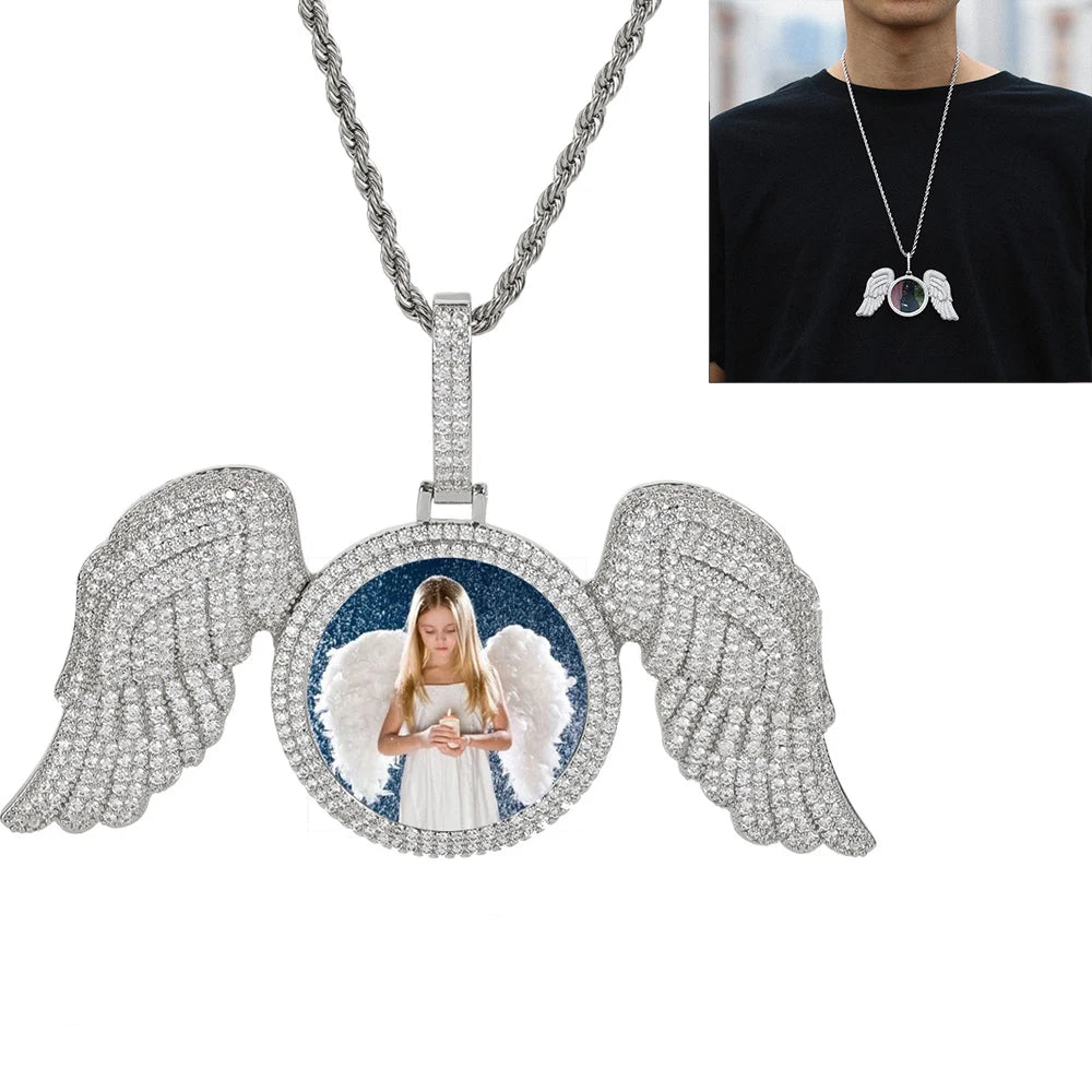 HHIOK Custom 18K Gold Plated Cubic Zircon Photo Pendant Medallions Wing Circle Pendant Necklace Personalized Wholesale