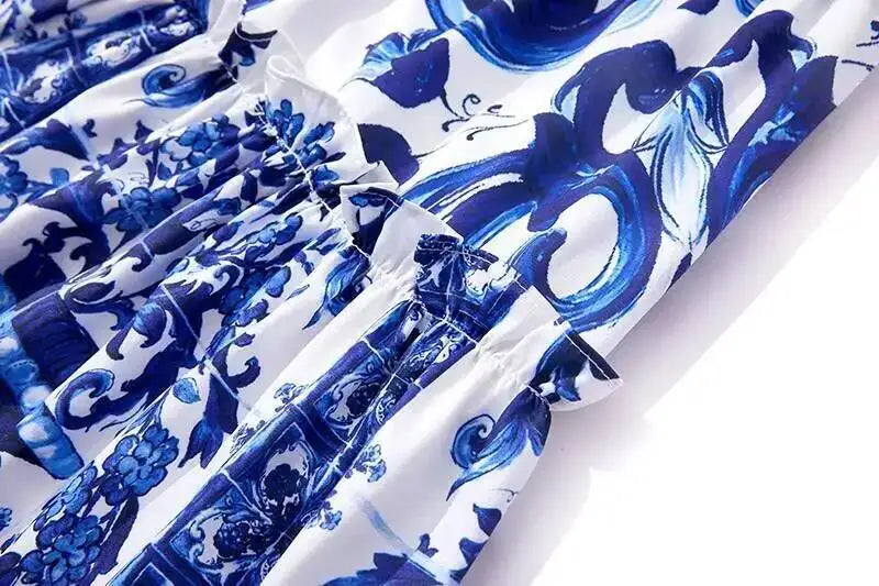 JAMERARY Summer Runway Blue White Porcelain Print Midi Dress Women's Straps Flare Sleeve Elastic Waist Cotton Floral Vestidos