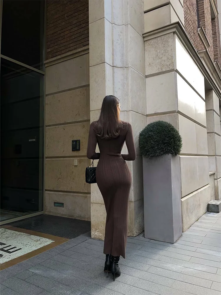Turtleneck Knitted Women Dresses Sexy Solid High Waist Hip Package Lady Dress Elegant Long Sleeve Slim Female Vestidos
