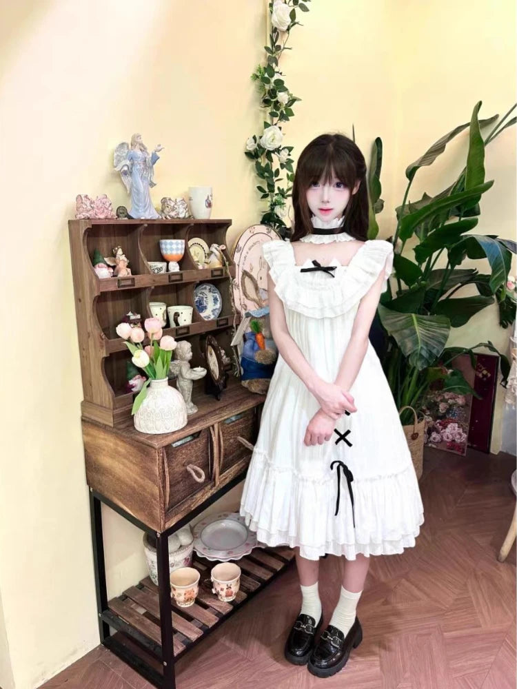 Summer Kawaii Casual Dress Women's Design Elegant Sweet Loose Patchwork Dresses Female Fashion Pretty Retro White Japanese Dress