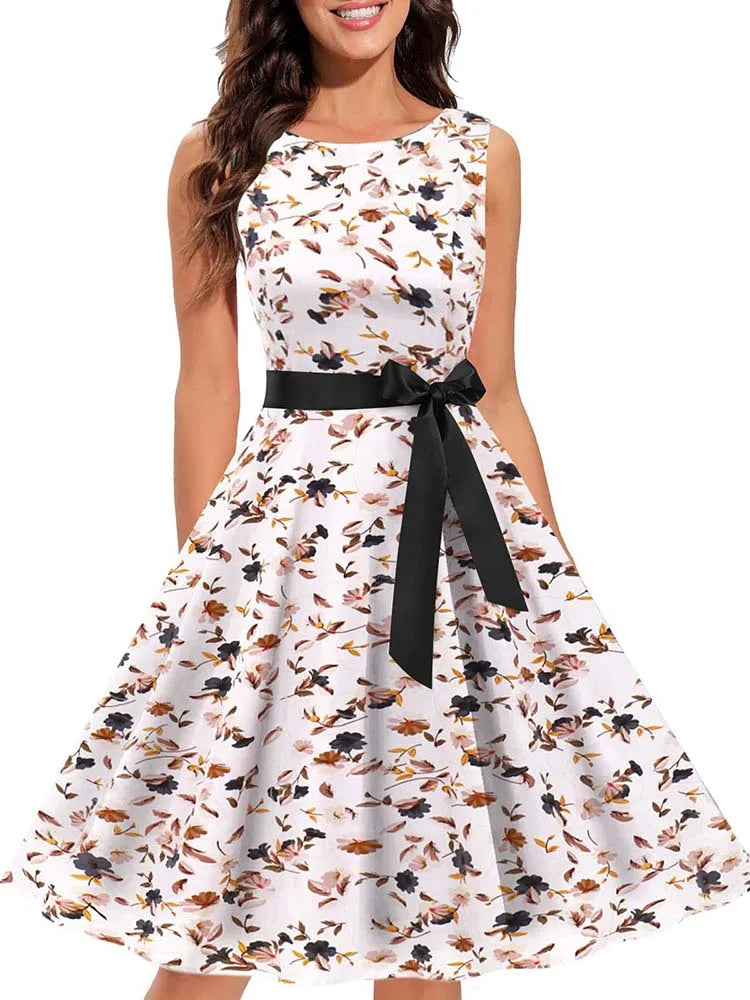 Sleeveless Floral Print Summer Dress Women Elegant Vintage Casual O Neck A Line Midi Party Sundress Vestidos With Belt