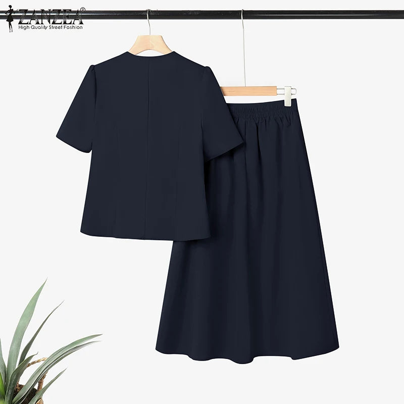 ZANZEA Vintage Outfits Women Fashion Office Dress Sets Solid Shirts A-Line Pleated Maxi Skirts Casual Suits 2025 Matching Sets