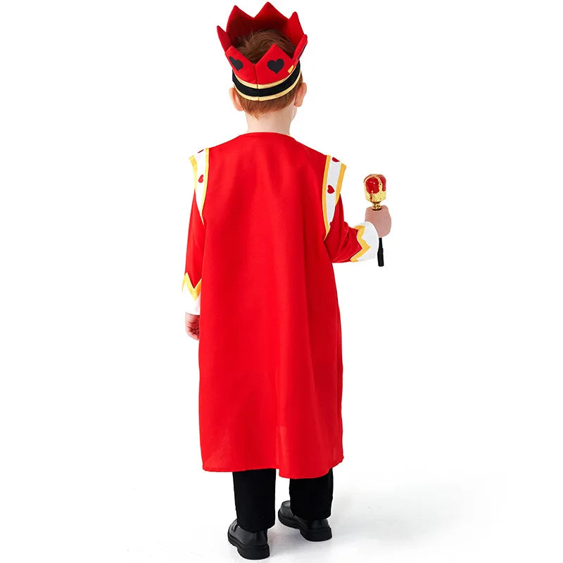 Kids King of Hearts Costume, Red Poker King Cosplay Outfit for Boys Halloween Carnival Party with Crown
