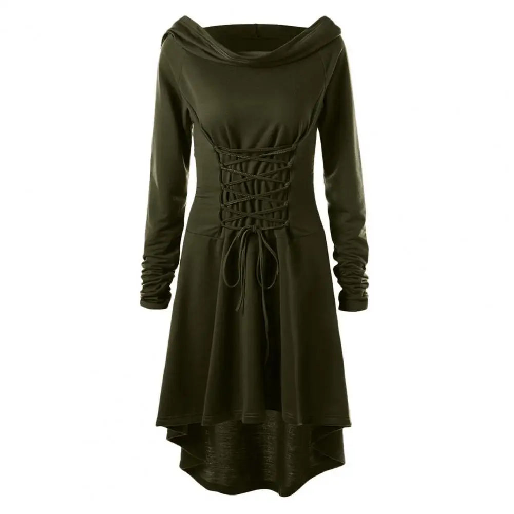 Women Milk Silk Dress Hooded Long Sleeves Lace-up Strap Slim Waist Irregular Hem Women Midi Dress Festival Party Halloween Dress