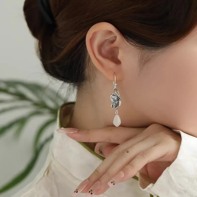 silver 925 Light luxury Butterfly earrings for women Natural Hetian Jade Orchid Earring Vintage Ethnic Style Wedding Jewelry