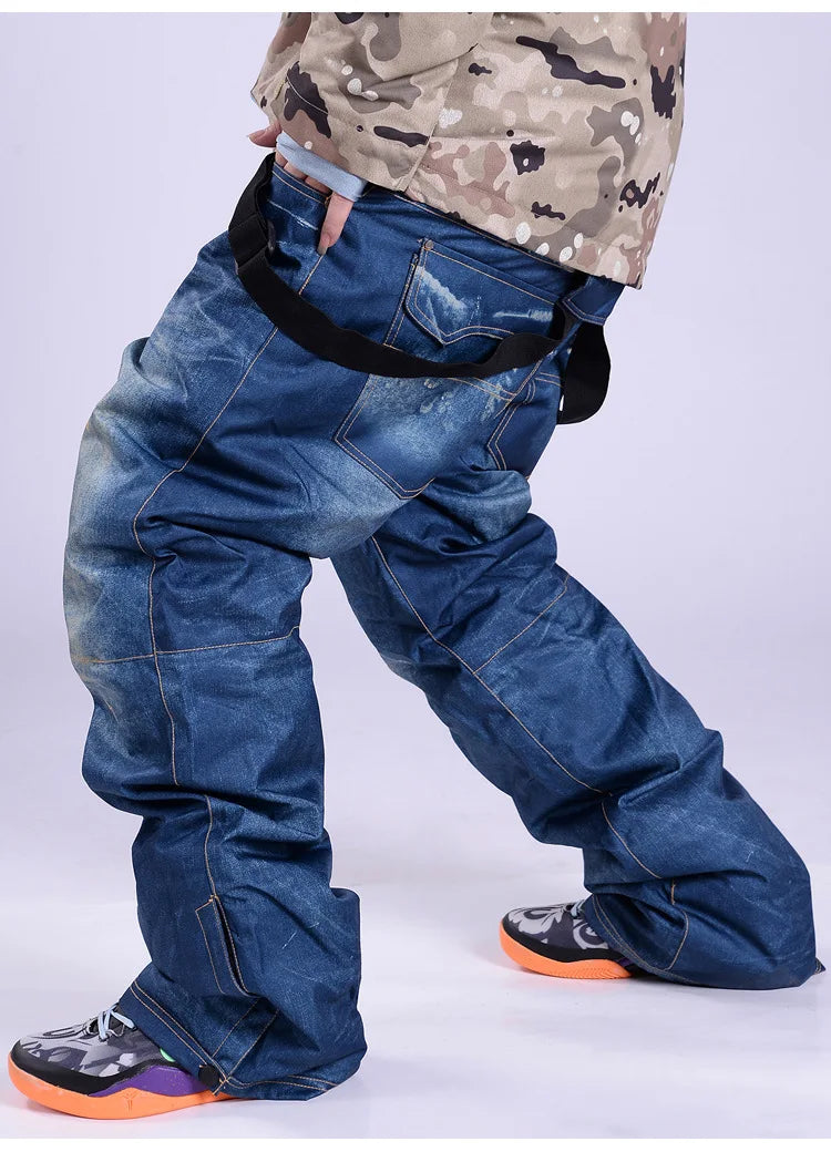style denim ski pants suspenders denim ski pants men's skating snowboard waterproof, windproof and warm ski pants