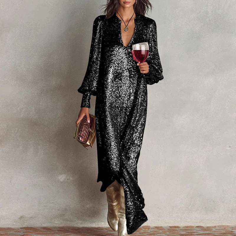 Shiny Sequins Solid Color Loose Fit Cocktail Dress New Autumn Fashion Robe Dress Sexy Women's V-neck Long Sleeved Banquet Dress