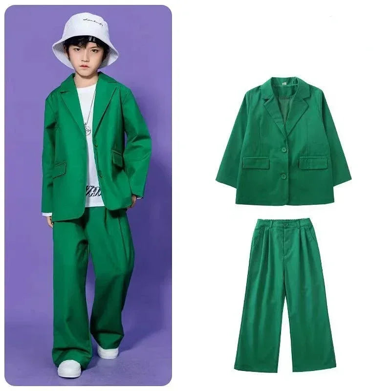 Kids Hip Hop Dance Costume Boys Girls Blazer Pants Set Streetwear Outfit for Stage Performance Competition Jazz Dance Photoshoot