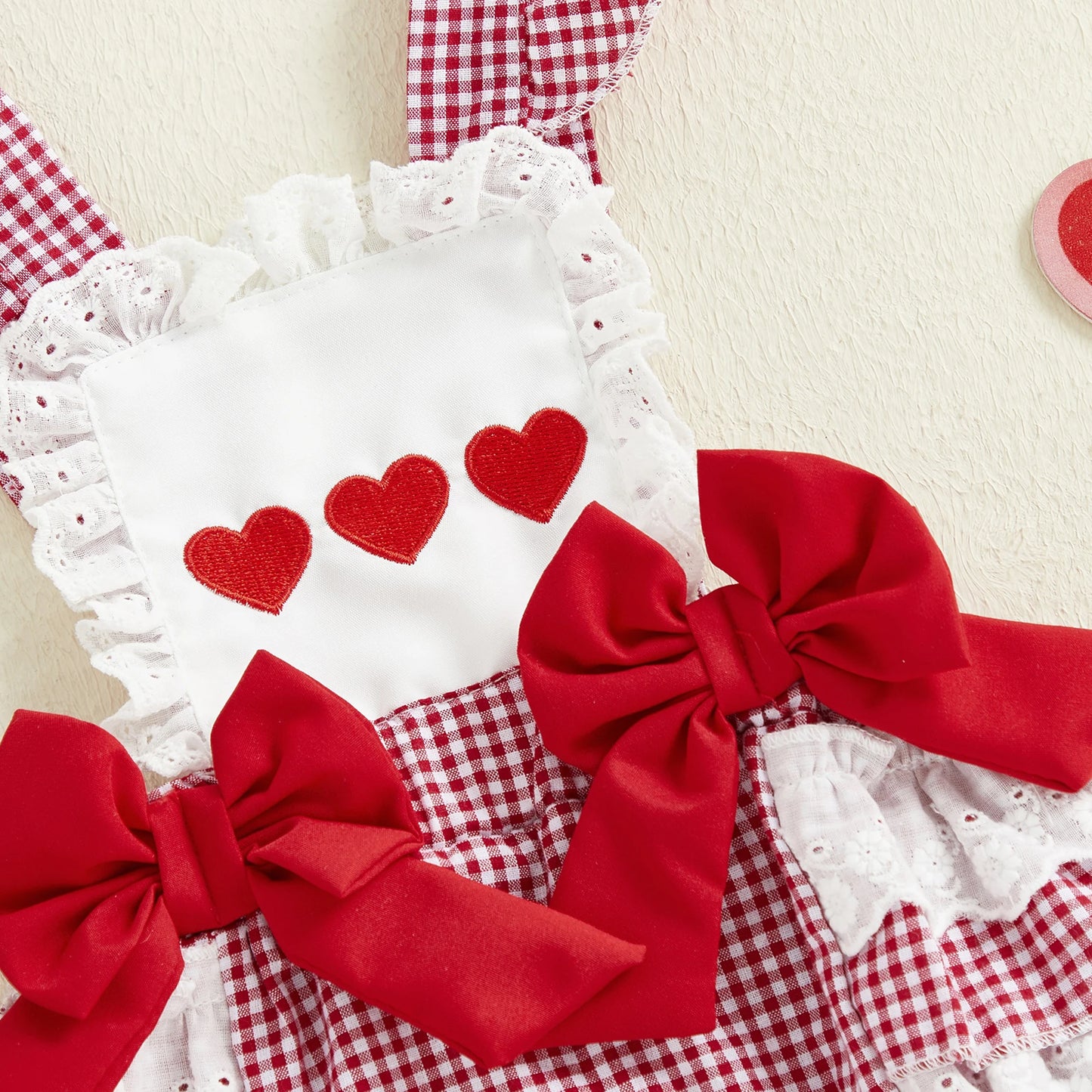 0-18M Valentine's Day Infant Baby Girls Rompers Sleeveless Square Collar Lace Ruffled Letter Embroidery Bow Jumpsuit