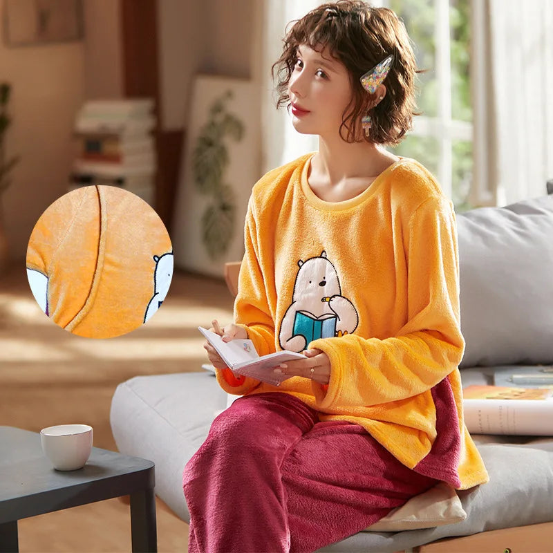 Autumn Long Sleeve flannel Maternity Clothing winter Thin coral fleece Pajamas Set Pregnant Women Breastfeeding Nursing Pyjama