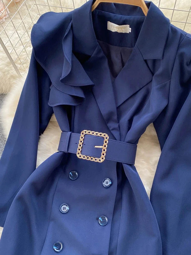 Women Elegant Office Dress Spring Autumn Long Sleeve Fashion Slim with Belt Midi Dresses Vintage Ladies Blazer Dress Vestidos