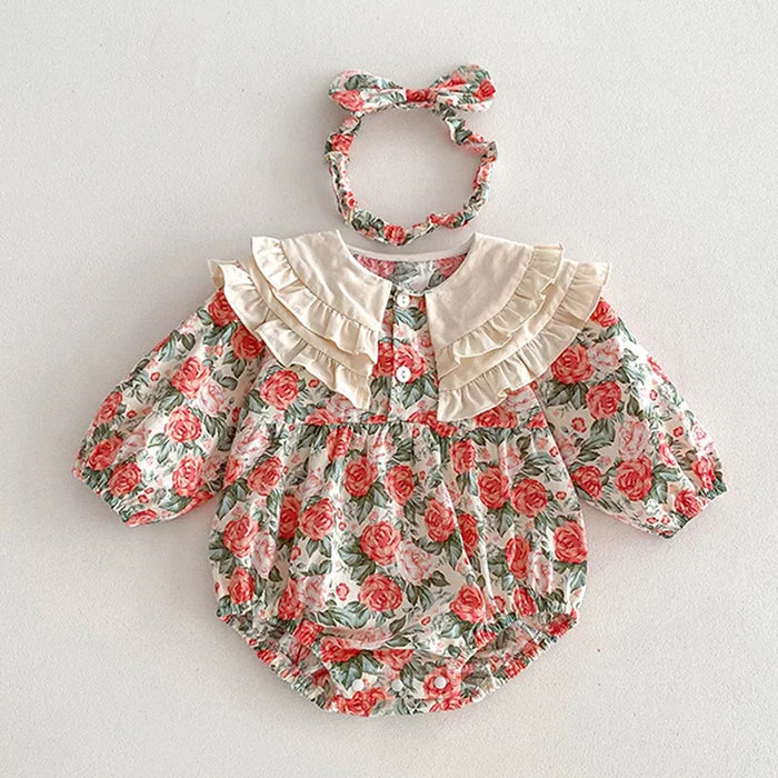 2025 New Spring Baby Sisters Dress 1-5Yrs Girl Party Dress Long Sleeved Cotton Rose Print Romper Sisters Kids Princess Dresses
