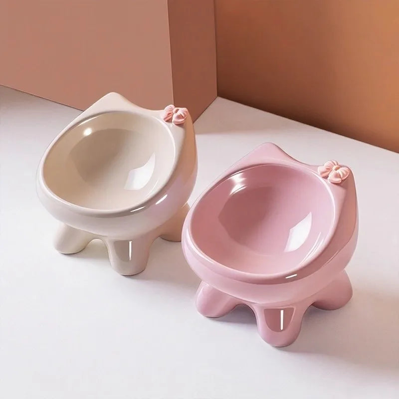 Ceramic Heightening Bowl Set | Cute Macaron Color Series，Slanted Spill-Proof，Cat Slow Feeder Bowl，InsEasy to Clean，Multi-Color O