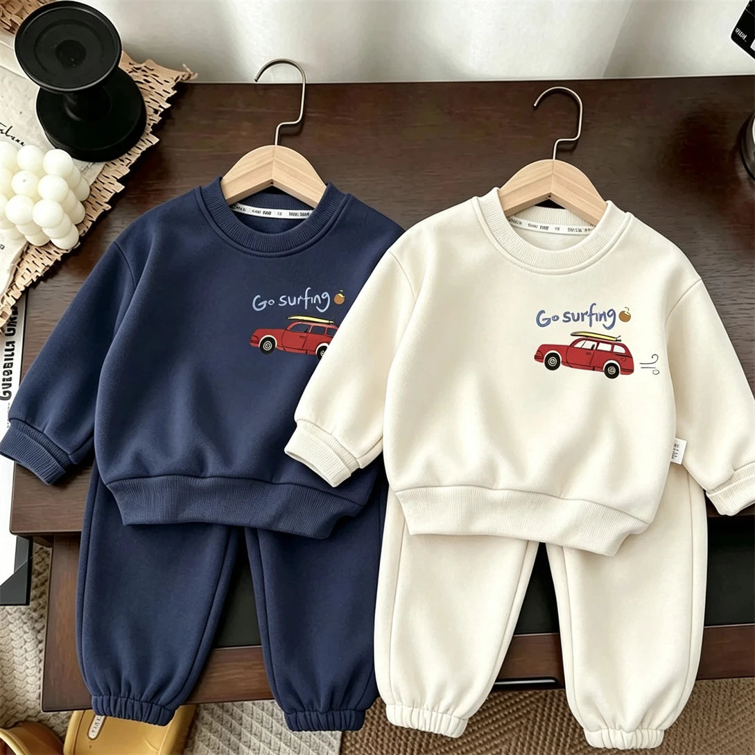 Autumn Costume Long-sleeved Outfits Kids Round Neck Sweatshirts Solid Color Pants 2pcs Toddler New Printed Hoodie Trousers
