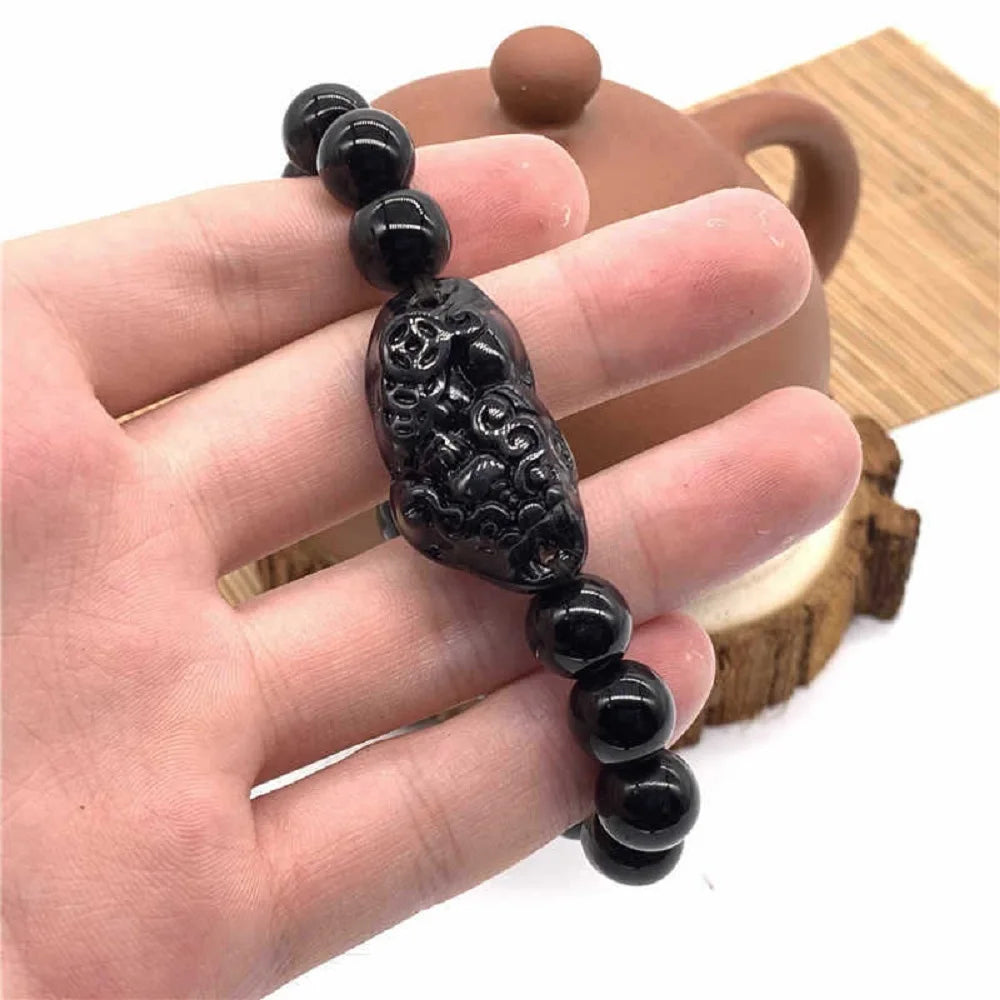 Fashion Jewelry Unisex Pixiu Men Attract Wealth Women Bracelets Obsidian Stone Beads Wristband Good Luck Bangle