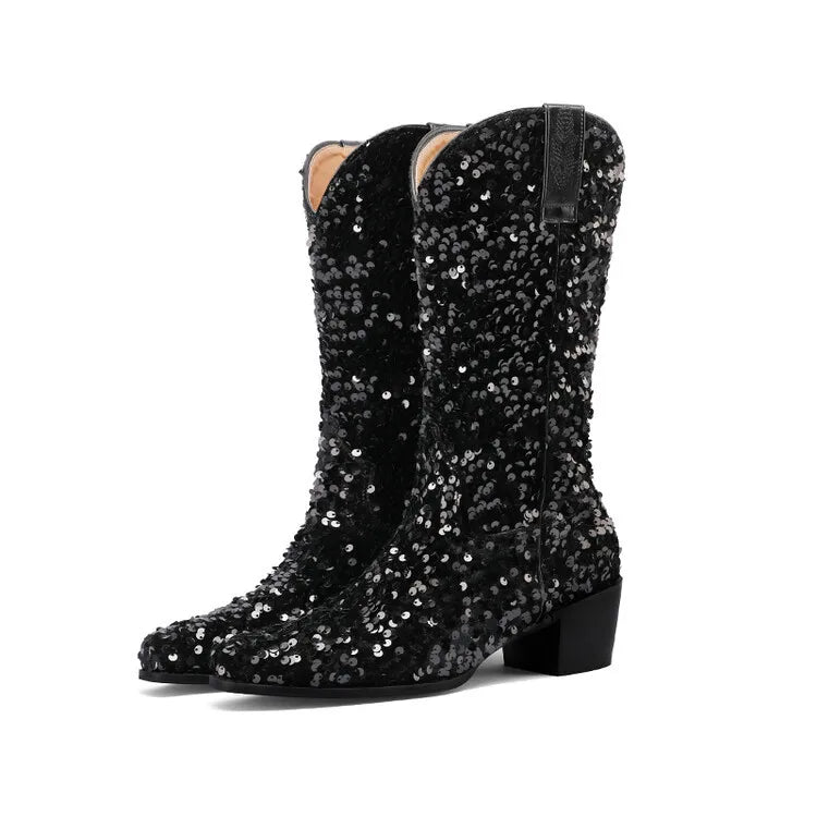 Women Sexy Western Boots Bling Bling Trends Party Chunk Heels Lady Shoes Fashion Pointed Nightclub Female Sequin Mid-Calf Boots
