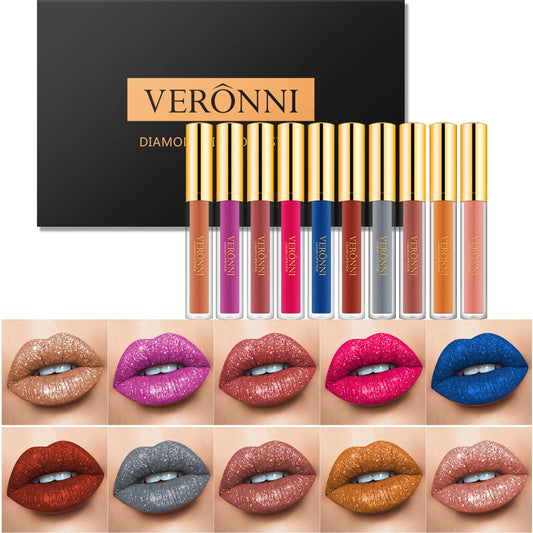 10 Colour Diamond Shimmer Lip Gloss Set,Glitter Shimmer Makeup Long Lasting lipsticks Makeup, Smudge Proof Lip Glaze Valentine's