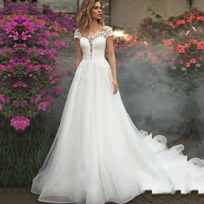 Bride Gown For Woman Illusion A-Line Bow Sashes Bridal Gowns O-Neck Satin Appliques Half Sleeves Wedding Dresses Robe De Mariée