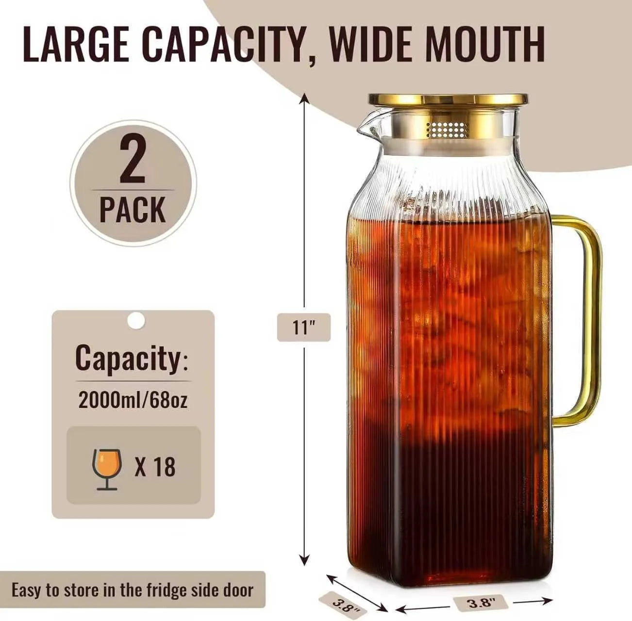 JUSTINLAU 1.2/2L Cold Water Jug High Borosilicate Glass Water Pitcher for Steamed Juice Fruit& Iced Tea Home Kitchen Accessories