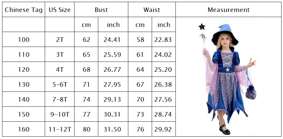 2026 Halloween Blue Witch Costume for Girls with Witch Hat Wand Bag Accessory Set  2-12T Girl Role Play Party Dress Vestidos
