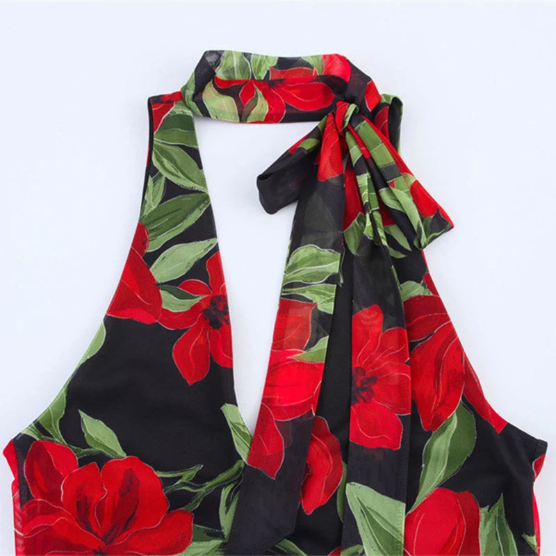 Sexy Flower Print Top Long Skirt Set Women Slim Ruffle Strap U-neck Top Loose High Waist Skirts  Fashion Summer Party Suit