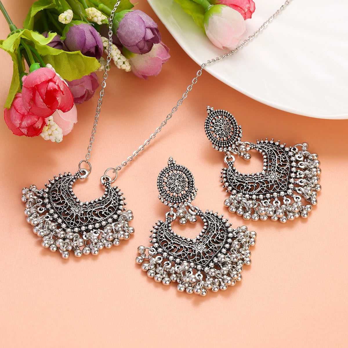 Indian Jewelry Set for Women Bijoux Retro Gold Plated Round Beads Tassel Earring Necklace Sets Ethnic Vintage Wedding Jewelry