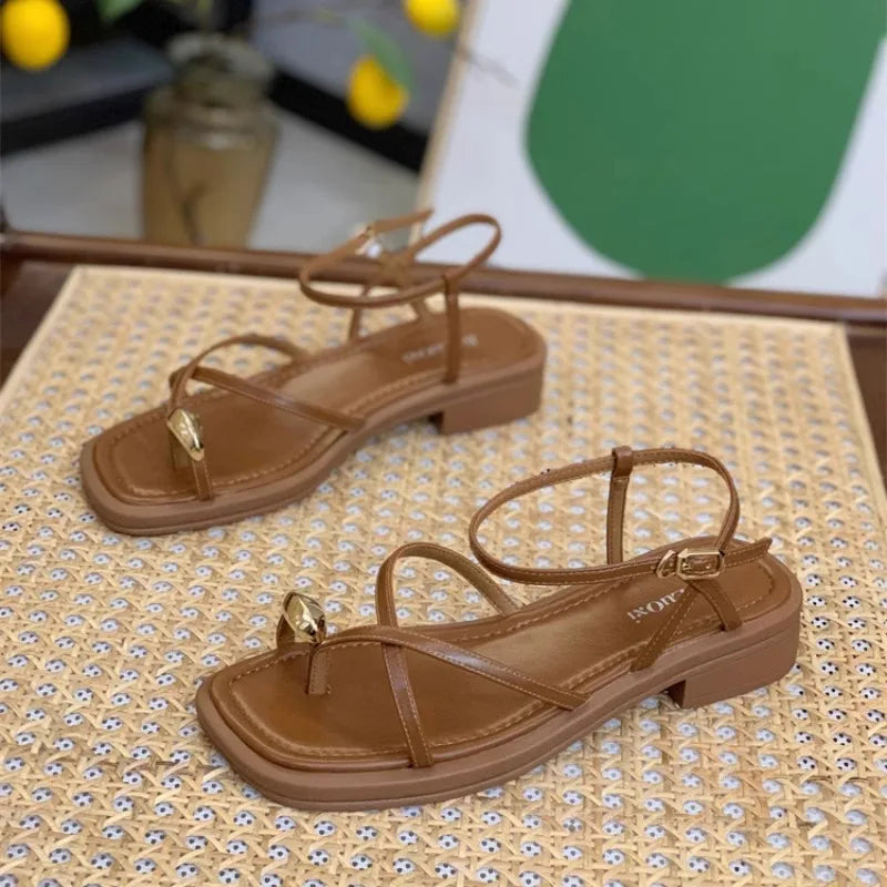 Sandals Women 2024 Summer New Fashion Square Toe Roman Shoes Simple Fairy Strap Women Shoes Flat Casual Shoe Sandalias De Mujer