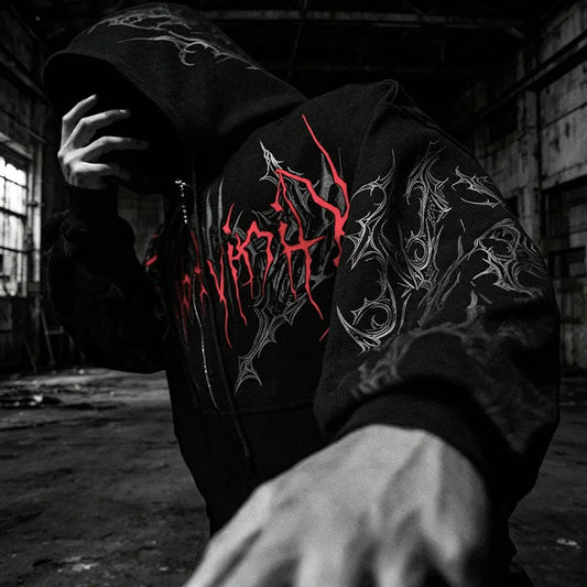Men Gothic Skull Thorn Graphic Full Zip Up Hoodie Fleece Lined Long Sleeve Winter Punk Goth Streetwear Oversized Sweatshirt