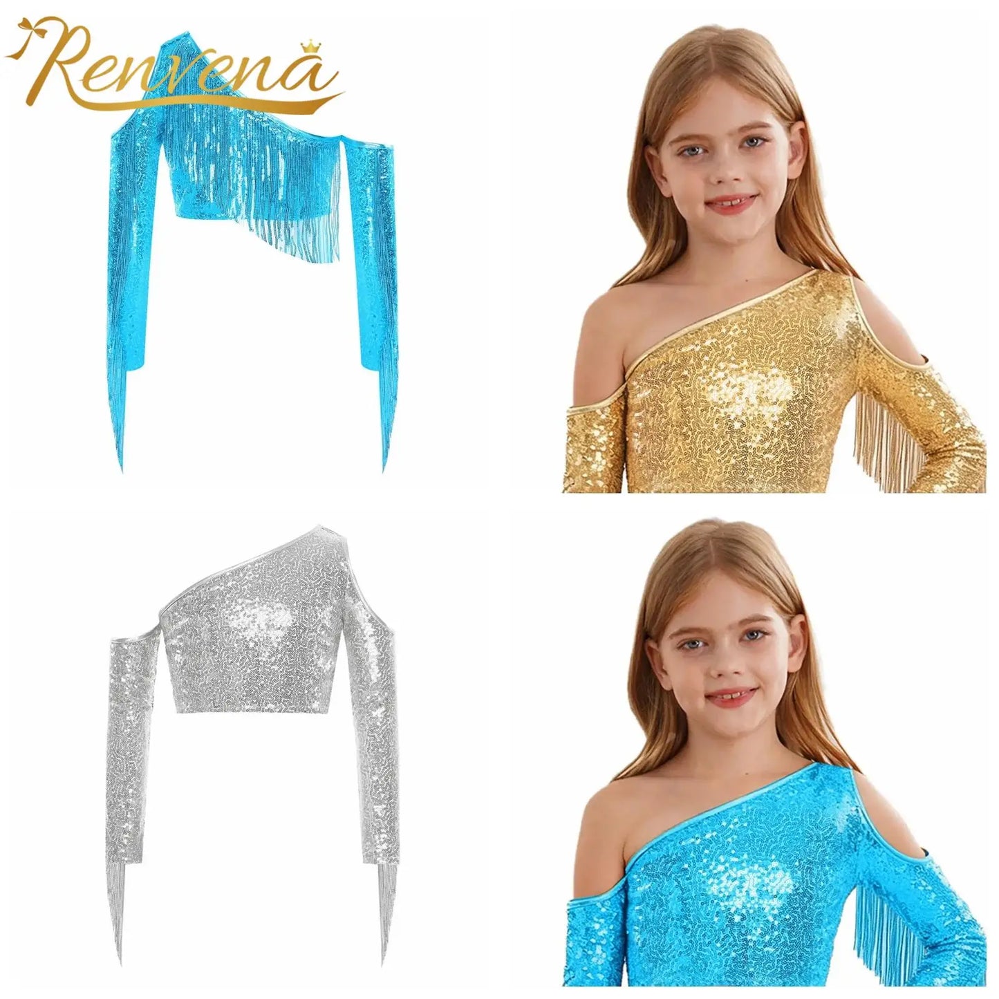 Children's One Shoulder Tassels Tops Streetwear Kids Girls Sequins Crop Top T-shirts Fashion Shiny Stage Performance Costume