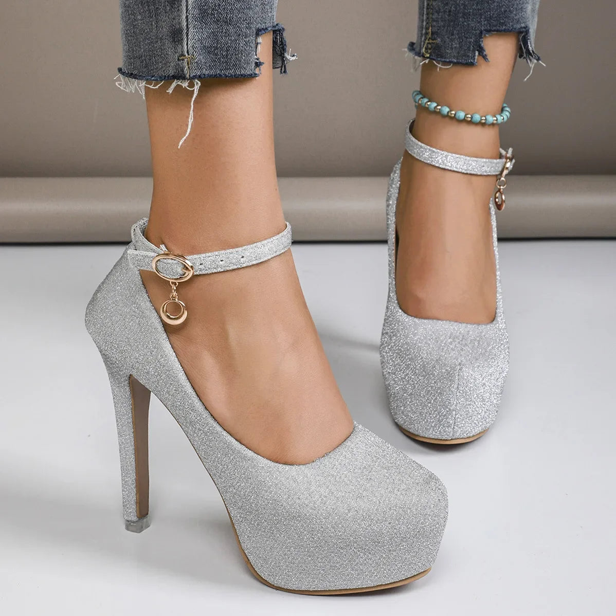 Spring Autumn New Style Waterproof Platform High Heels Thin Heel Silver Large Size Ultra High Heel Single Shoes for Women Show A