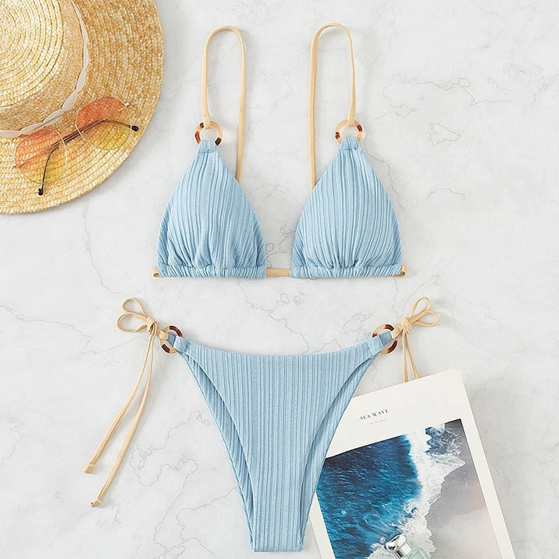 Solid Split Swimsuit Women Two Piece Beachwear Triangle High Cut Thong Bikini Push Up Summer 2026 New Sexy Bandage Bathing Suit