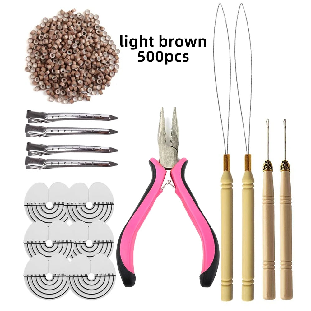 500 Pcs Hair Extensions Tools Kit Silicone Micro Rings with Three-Hole Hair Pliers Pulling Hook Needle Loop Threader