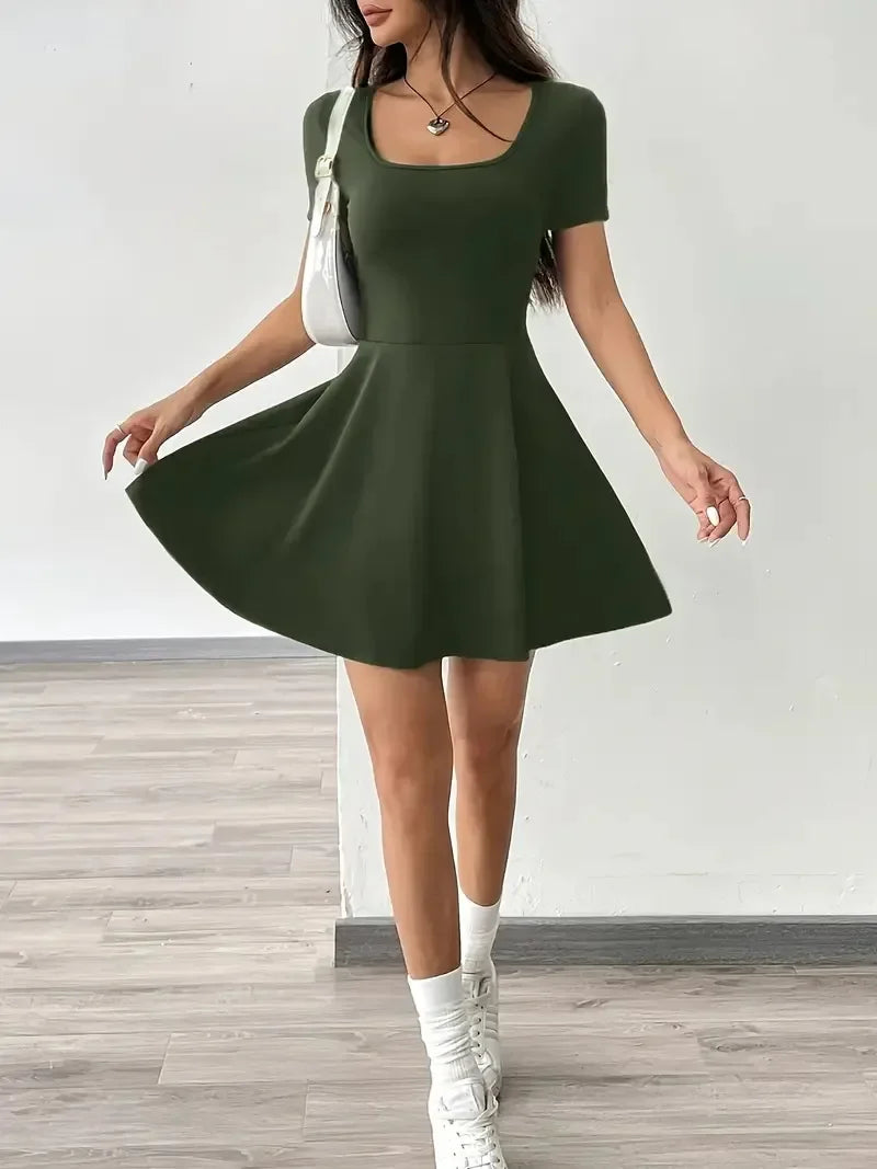 Summer 2025 Brown Knitted Short Casual Dress Mini Skirt Length Polyester Fiber Square Collar Empire Waistline Regular Sleeve
