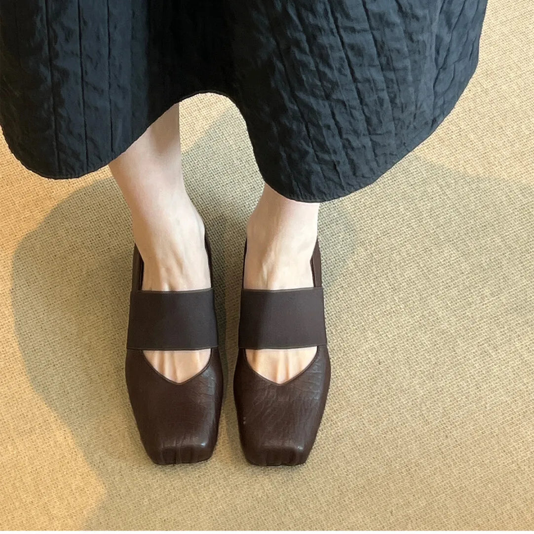Luxury Shoes Women2026 New Leather Square Toe Elastic Band Mary Jane Women's Shallow Toe Flat Single Shoe Shoes for Women