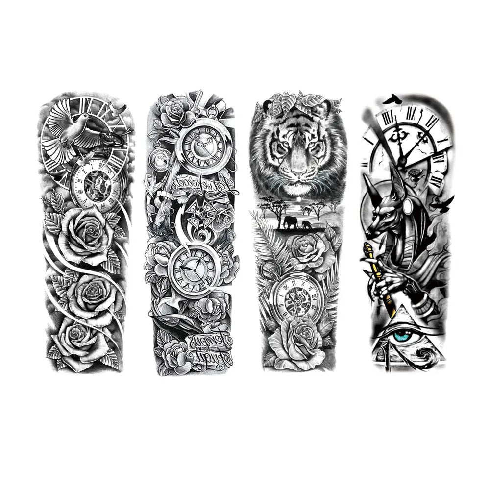 Waterproof Temporary Tattoo Stickers Clock Eye Large Arm Tattoo for Men Women Tiger Animal Fake Tatoo Sleeve